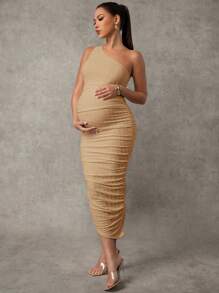 MaterniChic Pregnant Women's Solid Color Sleeveless Ruched Fitted Dress Maternity Dress - Khaki - View 4