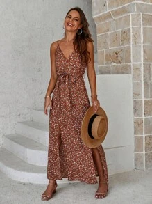 SHEIN Clasi Floral Print Sleeveless Split Dress, Casual Summer - Brown - View 5