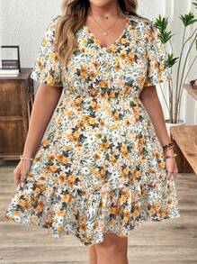 SHEIN VCAY 加大码玫瑰红和紫色碎花V领短袖连衣裙，纽扣装饰，适合夏季、沙滩裙、太阳裙、波西米亚风度假装 - 橘色 - 查看 4