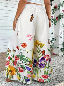 SHEIN VCAY Pantalon palazzo casual à jambe large avec imprimé floral grande taille