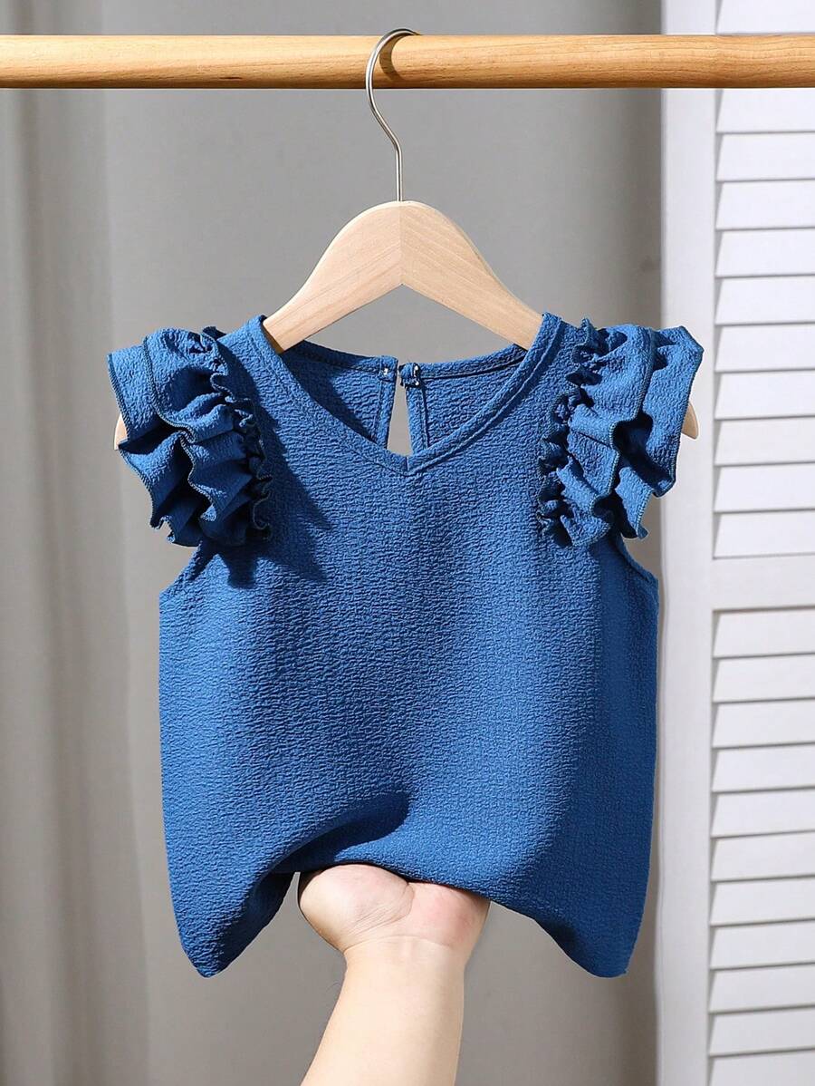 Genkimix Kids 少女纹理面料短袖休闲T恤 - 藍色 - 查看 1