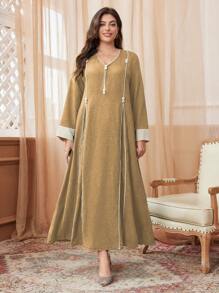 Al Najma Đầm Maxi Jalabiya Ả Rập giản dị, rộng rãi, thích hợp cho mùa xuân và mùa thu, dành cho ngày thường - Màu Khaki - Xem 6