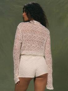 MUSERA Extreme Plunge Draped Front Textured Lace Long Sleeve Flared Cuff Top Only Sexy Cute Ibiza Club Vacation Holiday Boho Festival Rave Going Out Tops Club Winter Spring Summer - Cream - View 4