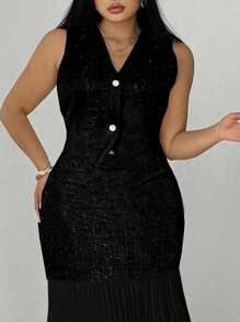 Celure Set da 2 pezzi per donna taglie forti, top a V e gonna lunga plissettata
