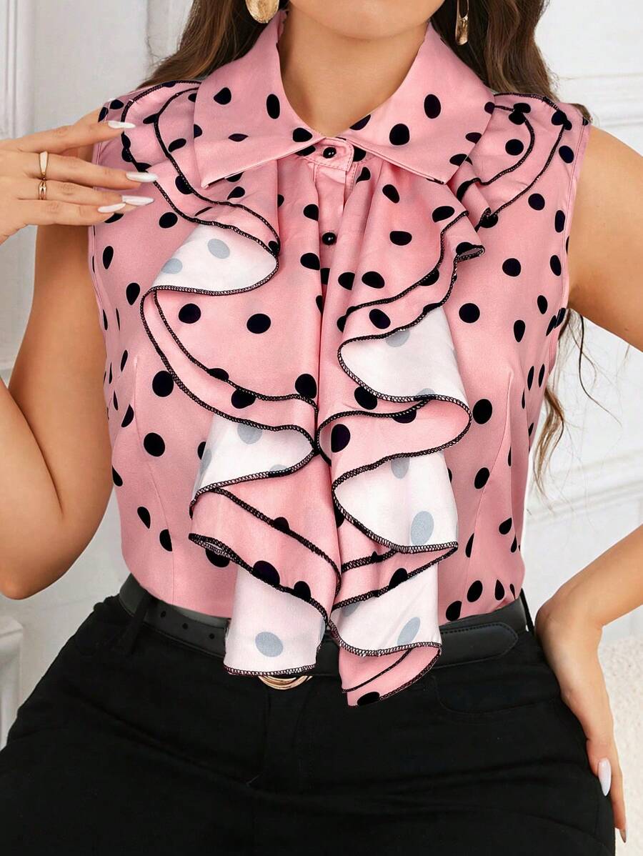 SHEIN Clasi Cộng với kích thước thường ngày Kỳ nghỉ hè Áo chấm bi nông tương phản - Hồng - Xem 1