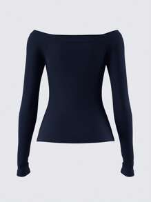 SHEIN BASICS Women's Casual Solid Color Off-Shoulder Long Sleeve Fitted Regular Blouse Navy Blue - Navy Blue - View 3