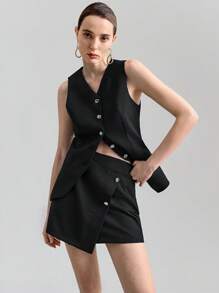 Ontre Women's Elegant Vest & Mini Skirt Suit Set, Minimalist Urban Style, Suitable For Daily Wear And Commute - Black - View 5