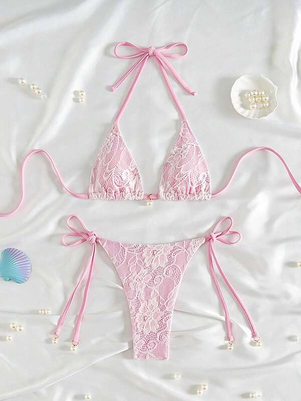 Swim Mod 2pcs Lace Splicing Micro Triangle Halter Tie-Back Sexy Girl Beach Resort Swimsuit