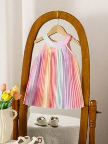 Baby Girls' Colorful Ombre Pleated Halter Neck Casual Vacation Dress, Spring/Summer - Multicolor - View 2