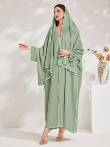 Al Najma Minimalist Turkish Style Long Dress, Suitable For Summer, Modest Kaftan - Green - View 8