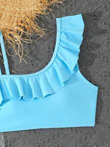 Tween Girls 2pcs Set: Blue Ruffled Trim Bikini Set Top & Butterfly Applique Pants - Blue - View 4