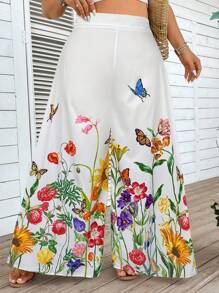 SHEIN VCAY Pantalon palazzo casual à jambe large avec imprimé floral grande taille