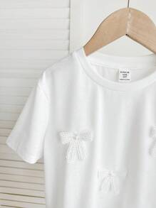 SHEIN Tween Girls Cute 3D Bow Design White T-Shirt, Versatile Casual Daily Wear For Any Occasion - White - View 4