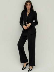 Aloruh 黑色长袖西装套装（带金属纽扣装饰） - 黑色 - 查看 5