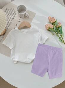 SHEIN Baby Girl Casual Minimalist Short Sleeve Outfit Set, Suitable For Spring & Summer - Multicolor - View 2