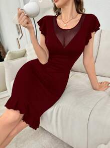 SHEIN Women's Scoop Neck Ruffled Trim Fitted Short Sleeve Nightgown - Burgundy - View 3