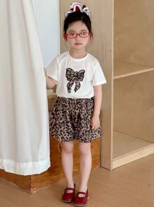 DAZY Bộ 2 món/Bộ áo len cổ tròn thêu họa tiết da báo cho bé gái, trang phục mùa hè cho bé gái - Màu be - Xem 2