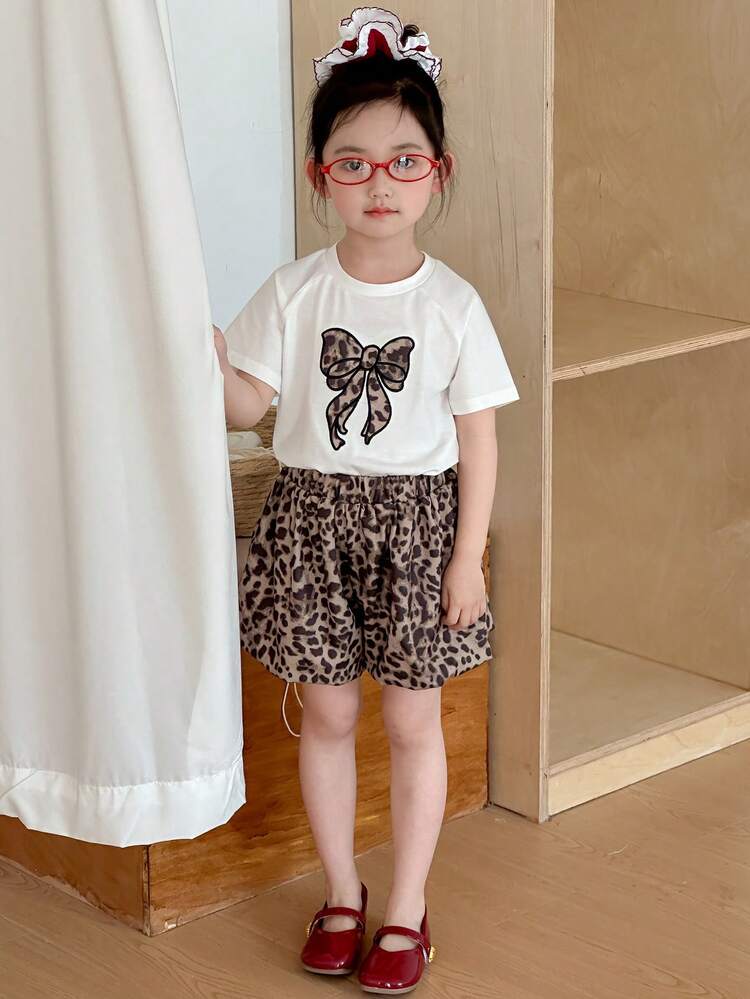 2pcs/Set Little Girls Embroidery Crew Neck Knit Top & Leopard Print Shorts, Summer Young Girl Outfit