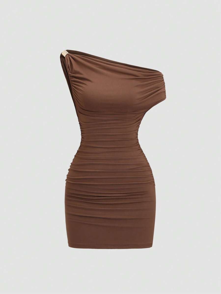 Sweetra Sexy Open Shoulder Ruffle Bodycon Mini Dress, Sweet & Spicy Style, With Multi-Layer Design For Flattering Silhouette - Brown - View 1