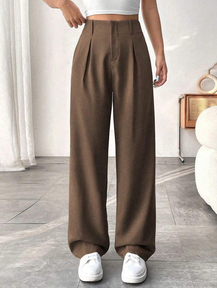 SHEIN Tall Women Solid Color Pleated Loose Straight Leg Pants Fall Cloth For Women - Brown - View 1
