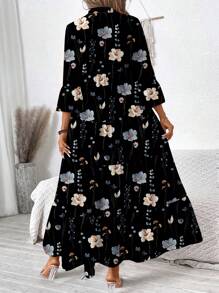 SHEIN LUNE Women Casual Floral Print V-Neck Ruched Long Sleeve Dress, Suitable For Spring/Summer,Bohemia Autumn Boho Chic Dress - Multicolor - View 2