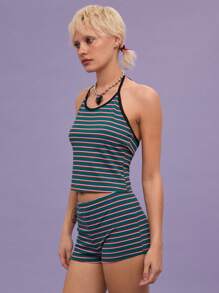 COUREZ Y2K Rib Stripe Halter Neck Top /Tops Summer Tops Going Out Tops /Street Casual/Leisure Music Festival Vintage - Dark Green - View 3