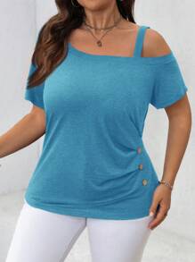 SHEIN LUNE Camiseta informal de talla grande de unicolor con cuello asimétrico para el verano - Azul menta - Ver 4