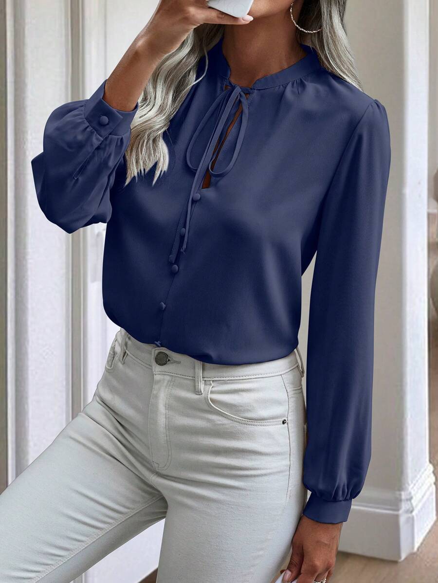 EMERY ROSE Women's Solid Color Long Sleeve Shirt, Minimalist Fashion For Summer Fall Cloth For Women - Navy Blue - View 1