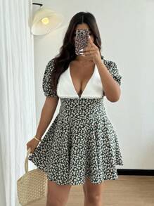 Flirla Plus Size Women's Lantern Sleeve Colorblock Ruffle Hem Babydoll Dress - Multicolor - View 3