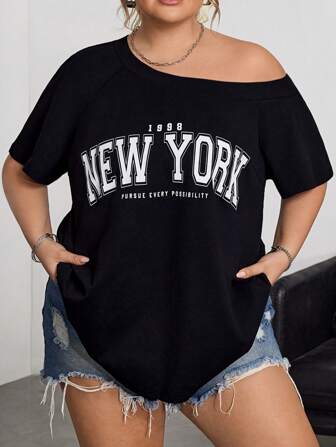 SHEIN CURVE+ CURVE PLUS 女式加大码灰色星空印花露肩短袖休闲 7 月 4 日 T 恤，适合春夏季，Curve Plus，波西米亚度假风