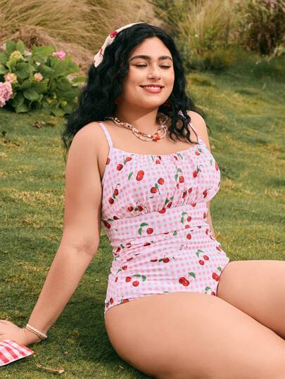 Swim Mod Plus Size Women's Cherry Print Gathered Elegant One-Piece Swimsuit, Casual Vacation Fashion For Summer