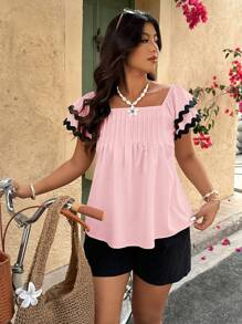 SHEIN Clasi Plus Size Striped Ruffled Bell Sleeve Blouse - Pink - View 3