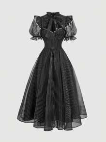 SHEIN MOD Striped Organza Puff Sleeve Dress With Palace Collar,Spring/Summer Outfits For Women,Vacation Outfits,Cute,Boho,Elegant,Wedding Guest,Tie,Casual,Business Casual Woman,Western Wear Women,Old Money Style,Business Casual Woman,Office Outfits For Women,Graduation Dress