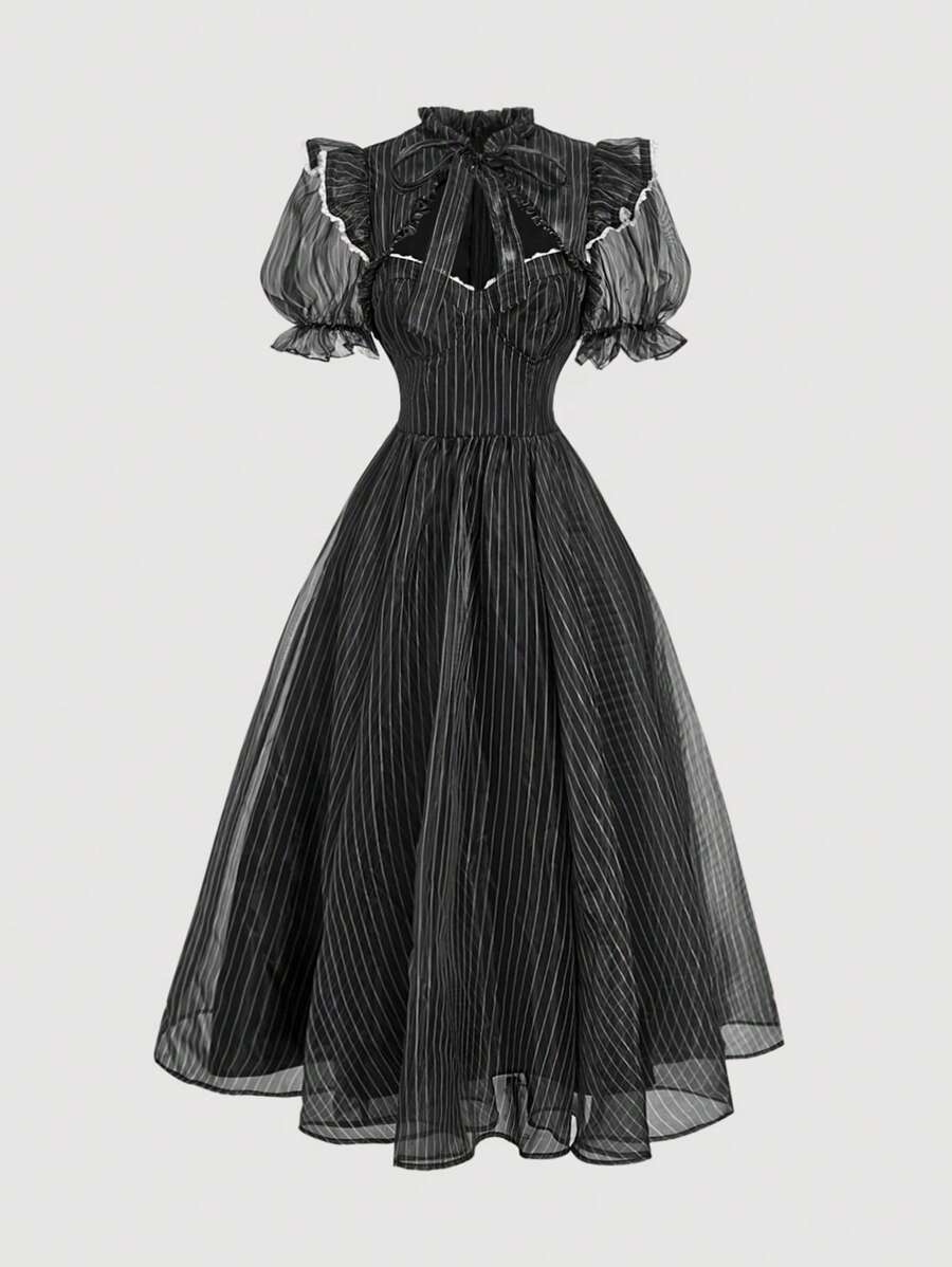 SHEIN MOD Striped Organza Puff Sleeve Dress With Palace Collar,Spring/Summer Outfits For Women,Vacation Outfits,Cute,Boho,Elegant,Wedding Guest,Tie,Casual,Business Casual Woman,Western Wear Women,Old Money Style,Business Casual Woman,Office Outfits For Women,Graduation Dress