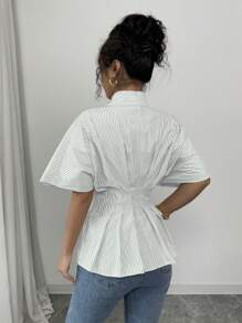 Chiquease Striped Pleated Elegant Waist-Cinched French Design Polo Collar Short Sleeve Shirt For Women - Mint Green - View 2