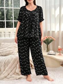 CottageSlumber Plus Size Tie Bow Printed Ruffle Edge Tassel Decor Short Sleeve Top And Pants Pajama Set - Black - View 6