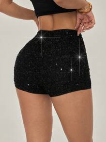 SHEIN PETITE Women's Solid Color Sequin Elegant Fitted Shorts - Black - View 2