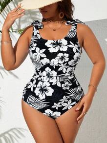 Swim Lushoire Traje de baño de una pieza de talla grande con estampado de flores y hojas y con tirantes - Blanco y Negro - Ver 6