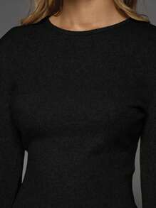 MISSGUIDED Ribbed Knit Fitted Long Sleeve Top Classic Crewneck Fall Winter Essential Layering Basic Sweater Slim Fit Stretchy Pullover Casual Wear - Black - View 3