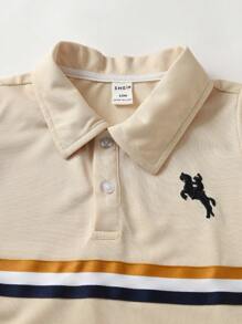 SHEIN 2pcs/Set Young Boy Summer Casual Striped Knight Print T-Shirt And Pants Set - Apricot - View 4