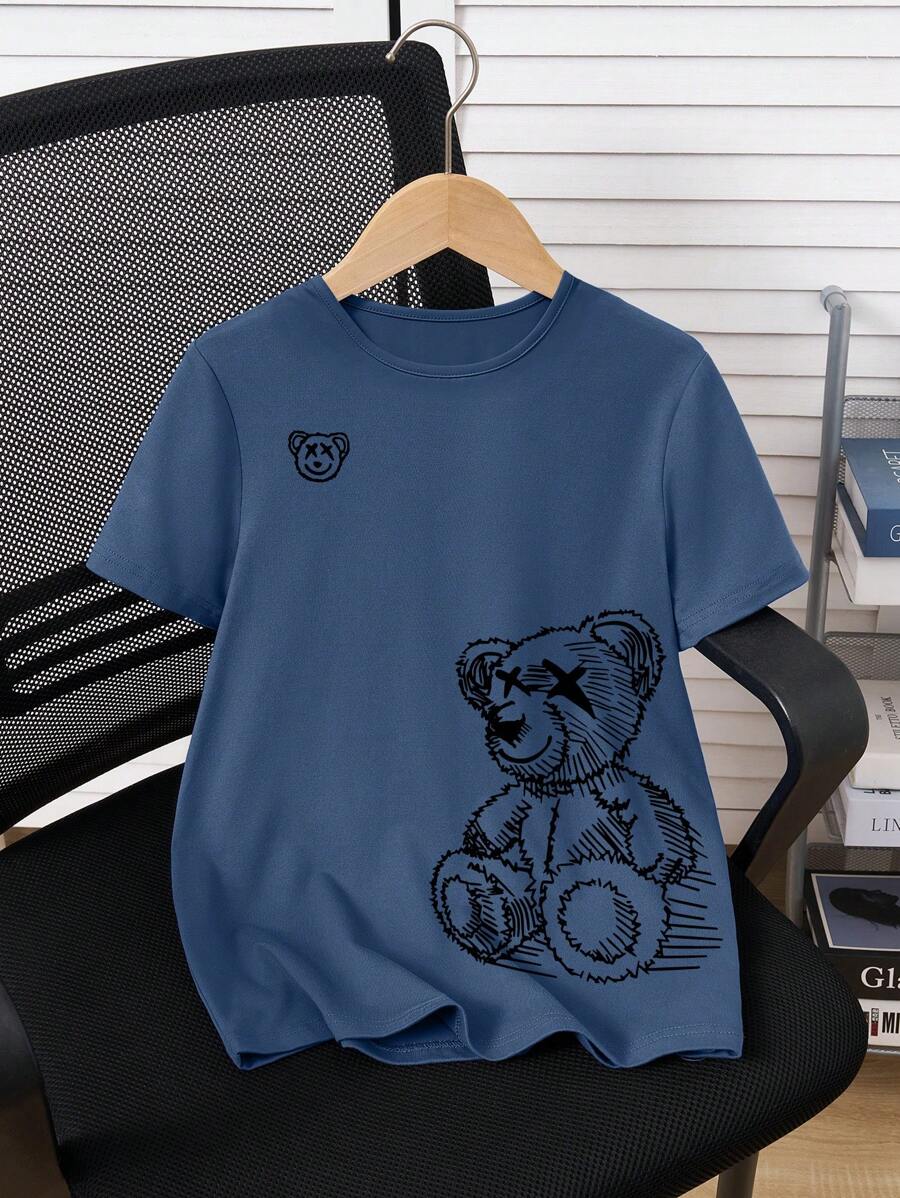 青少年男孩卡通熊印花圆领短袖休闲 T 恤 - 藍色 - 查看 1