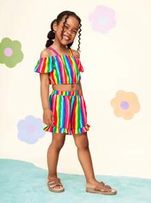 Young Girl Woven Striped Off Shoulder Cami Top With Ruffle Trim Shorts 2pcs Set - Multicolor - View 3