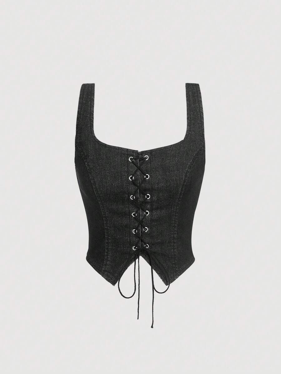 SHEIN MOD Lace Up Front Asymmetrical Hem Denim Vintage Slim Fit Top Goth Goth - Black - View 1