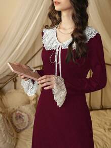 Côtesoire 法式复古蕾丝拼接彼得潘领长袖女士睡裙娃娃衫，假日季穿着舒适优雅，秋冬季皆宜。 - 酒紅色 - 查看 3