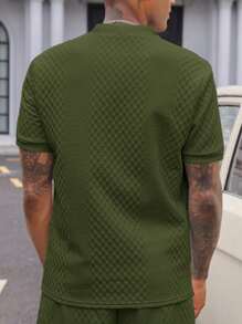 Manfinity Homme Men's Summer Casual Solid Color Textured Short Sleeve Polo Shirt - Army Green - View 5