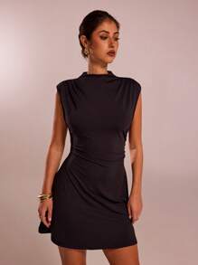 SHEIN Forever 21 Summer Clothes /Business Women Attire/Graduation Outfit /Women Workoutfits /Elegant /Casual Women Outfits/Summer Clothes /Black Sleeveless Stretch Waist A-Swing Mini Dress - Black - View 5