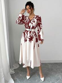 Elenzga Women Elegant Floral Print Lantern Sleeve Dress - Red - View 5