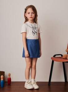 PrepCrw 年轻女孩学院风前后不对称牛仔效果短裤，春夏 - 藍色 - 查看 4