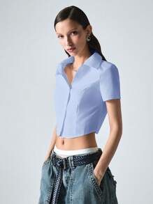 SHEIN EZwear 女式夏季梭织纽扣衬衫 - 藍色 - 查看 4