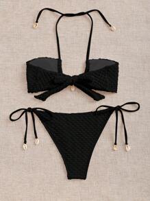 SHEIN Swim Women's Summer Holiday Beach Textured Halter Bikini Set - Black - View 7